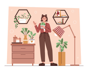 Leinwandbilder - Interior designer at apartment. Young girl chooses suitable furniture and decor elements. Specialist puts flower in place. Creative personality and art, consultant. Cartoon flat vector illustration
