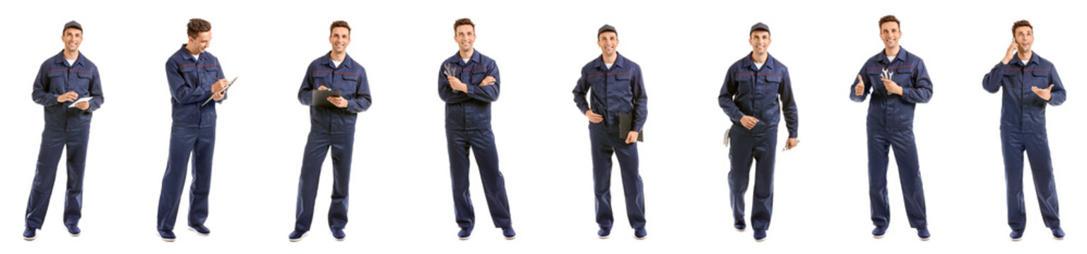 Set of male car mechanic isolated on white