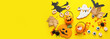 Leinwandbild Motiv Composition with tasty Halloween treats on yellow background with space for text, top view