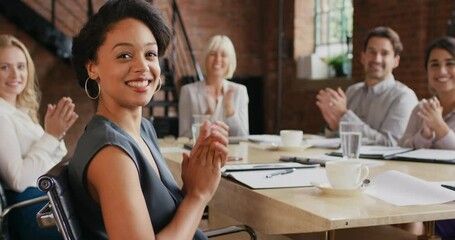 Aufkleber - Happy, clapping hands and winning business team celebrating their success in a boardroom. Portrait of a diverse group of successful colleagues applauding a victory in an office