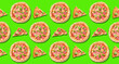 Leinwandbild Motiv Many tasty pizzas and slices on green background. Pattern for design