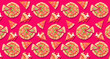 Leinwandbild Motiv Many tasty pizzas and slices on bright pink background. Pattern for design