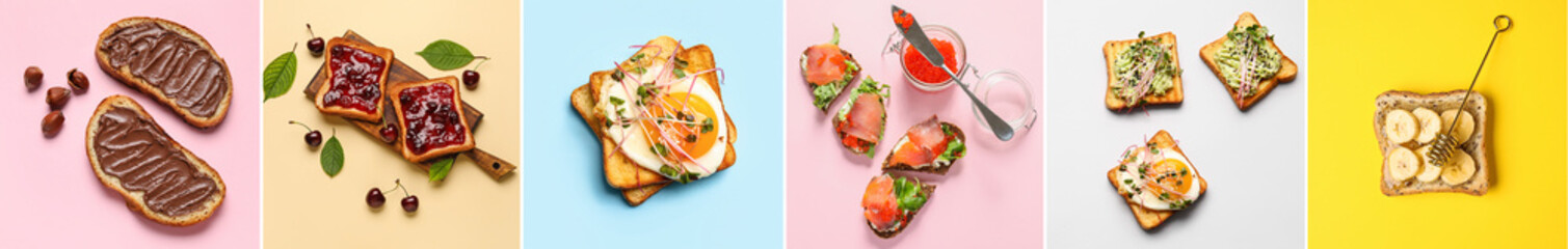 Wall Mural - Collage of tasty sandwiches with fried egg, salmon, red caviar, jam and chocolate paste on color background, top view