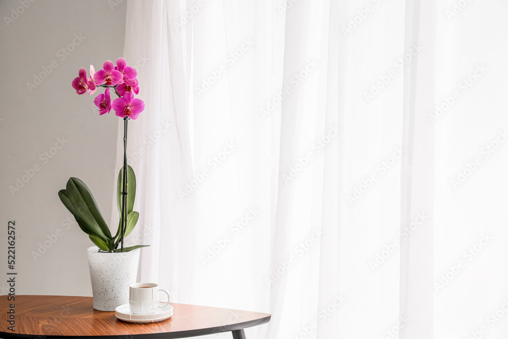 Beautiful orchid flower and cup of coffee on table