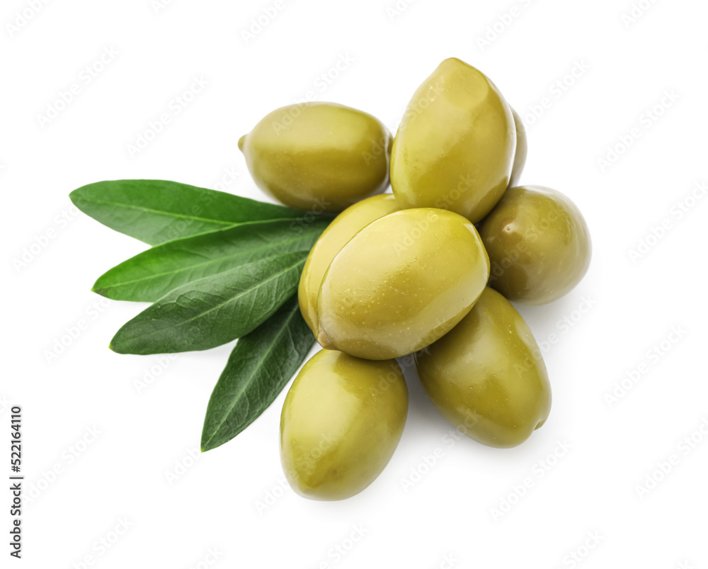 Tasty canned green olives isolated on white