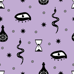 Mystery magical seamless pattern. Vector witchcraft background with snake,macabre eye,potion bottle,hourglass.Doodle style.Hand drawn mystic design elements.