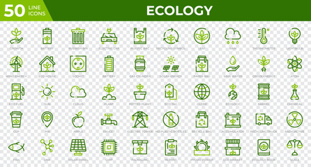 Poster - Set of 50 Ecology web icons in colored line style. Recycling, biology, renewable energy. Colored outline icons collection. Vector illustration