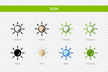 Poster - Sun icon in different style. Sun vector icons designed in outline, solid, colored, filled, gradient, and flat style. Symbol, logo illustration. Vector illustration