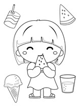 Cute Girl Eat Watermelon Coloring Pages A4 For Kids And Adult