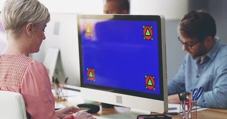 Aufkleber - Blue screen, copyspace and chroma key on a computer screen with tracking markers and a female employee working or typing. Copy space for marketing, advertising and promotion in a creative office