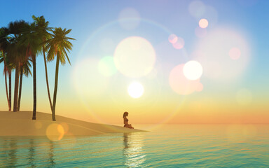 Wall Mural - 3d beach landscape at sunset with female in yoga position