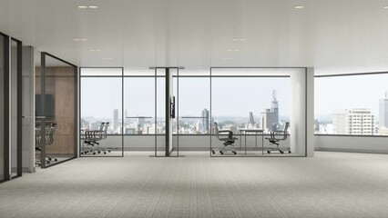 Poster - Build up mock up room of stop motion animation Working area in modern office with carpet floor and meeting room. with sun daylight and working table. with sky and town view. interior 3d rendering