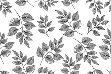 Botanical Seamless Pattern, Hand Drawn Line Art Leaves Vector On White Background