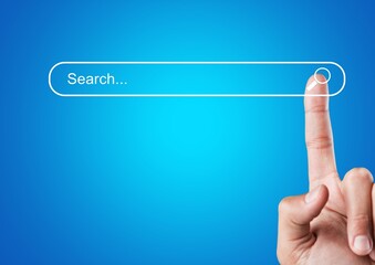 Poster - Search Optimization, searching information online, Businessmansearch data on internet finding information Website online.