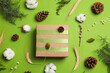Leinwandbild Motiv Concept of gift, gift box and accessories on green background