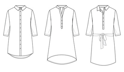 Sticker - womens kurtha tops flat sketch vector illustration long sleeve shirt dress technical drawing template. cad mockup.