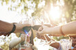 © Seventyfour - Close up of people toasting with wine glasses lit by sunlight during Summer celebration, copy space