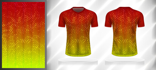 Vector sport pattern design template for V-neck T-shirt front and back with short sleeve view mockup. Red-yellow color gradient abstract line texture background illustration.