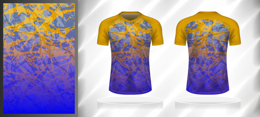 Vector sport pattern design template for V-neck T-shirt front and back with short sleeve view mockup. Shades of yellow-purple-blue color gradient abstract grunge texture background illustration.