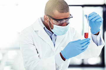 Poster - Curious, serious and thinking scientist with test tube solution and examining marburg virus, covid or monkeypox. Healthcare biologist checking breakthrough dna mutation in laboratory medical research