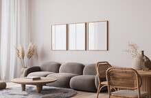 Minimal Modern Home Design With Warm Furniture Colors, Poster Frame Mockup On Bright Interior Background, 3d Render 