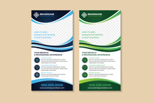 Green Blue Roll Up Banner Template And Infographics, Stand Design, Advertisement, Display, Vector Illustration. Headline Is Learn To Plan, Prepare And Develop Smart Business. White Background.
