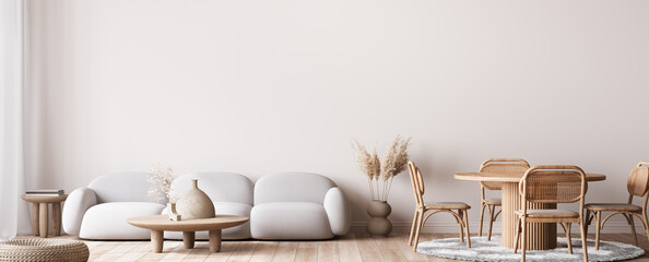 minimal modern home with living room and dining room design, wall mockup on bright interior backgrou