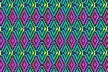 Poster - Geometric diagonal squares arrow pattern. abstract seamless texture with square grid, diamond shapes, rhombuses, arrows. Simple modern black background. Repeat colorful geo design for print, decor