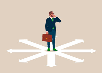 Wall Mural - businessman confused by direction signs. business direction and choice concept. decisions, business 