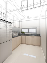 Wall Mural - abstract sketch design of kitchen room ,3d rendering