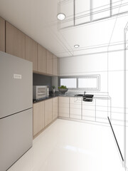 Wall Mural - abstract sketch design of kitchen room ,3d rendering