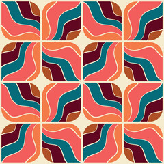 Wall Mural - Wavy geometric leaves 70s retro vector seamless pattern