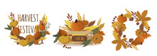 Vector Illustration In Flat Style. Set Of Isolated Elements On The Theme Of Autumn And Harvest. Wreaths Of Autumn Vegetables And Leaves. Seasonal Harvest Basket