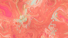 Flowing Modern Acrylic Pour Background In Beautiful Coral And Pink Colors. Paint Texture With Gold Powder.