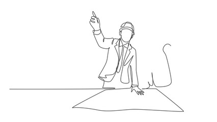 Poster - animated self drawing of continuous line draw construction manager giving instruction to builder coo