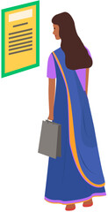 Indian girl in an ethnic traditional costume, sari holds paper bag in her hands, stands and reads document on wall. Asian pretty woman reading announcement back view in full growth isolated on white.