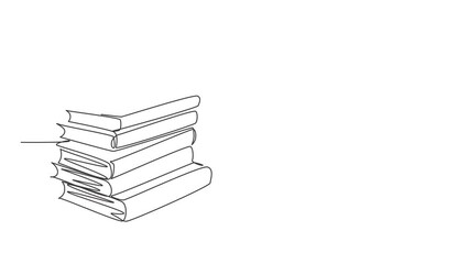 Poster - Animated self drawing of single continuous line draw pile of books with a cup of hot black cappuccino coffee at public library. Book of educational concept. Full length one line animation illustration