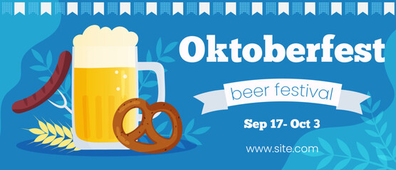 Vector horizontal template banner invitation for Oktoberfest. Autumn beer festival illustration. Beer mug on blue background with traditional colors flags. Greeting card for social media.