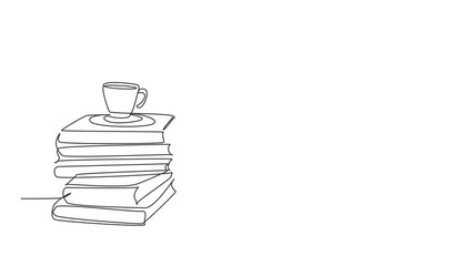 Poster - animated self drawing of one continuous line draw pile of books and a cup of coffee on office desk. 