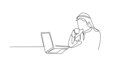 Poster - Animated self drawing of continuous line draw marketing manager reading sales report from team member. Saudi Arabian male with shmag, kandora, headscarf, thobe, ghutra. Full length one line animation.