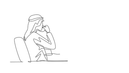 Poster - Animated self drawing of continuous line draw young muslim businessmen typing business proposal draft on laptop. Arab middle east cloth shmagh, kandura, thawb, robe. Full length one line animation.