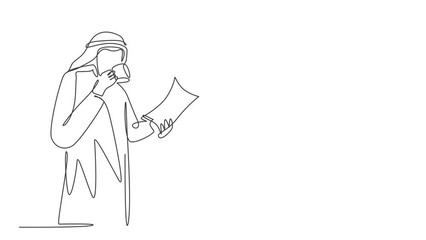 Poster - Animated self drawing of continuous line draw young muslim businessman reading business annual report. Saudi Arabian male with shmag, kandora, headscarf, thobe, ghutra. Full length one line animation.