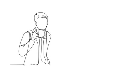 Poster - Animated self drawing of continuous line draw happy business man holding coffee mug while reading tabloid headline news at hotel lobby. Drinking tea concept full length single line animation sign.
