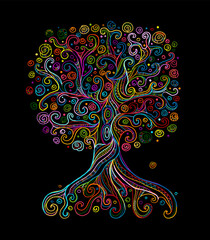 Aufkleber - Colorful tree with roots on black background. Concept Art for your design. Design interior ideas.