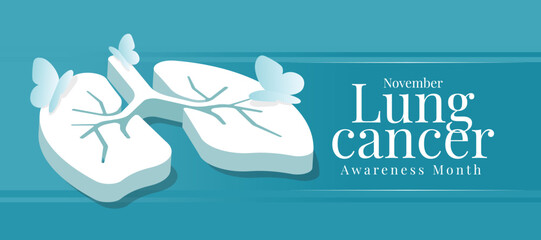 november lung cancer awareness month - white 3d lung symbol with butterfly around on blue background