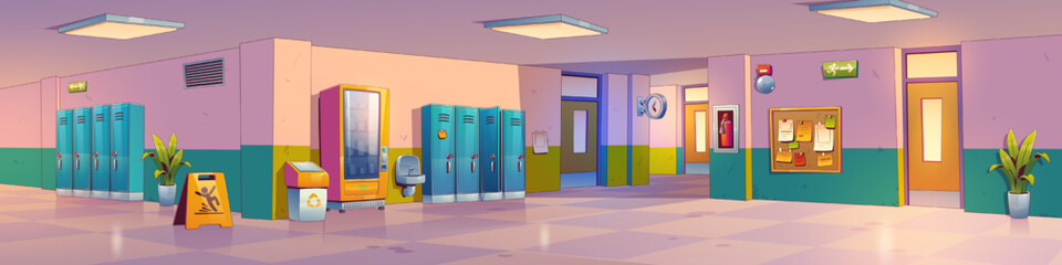 Empty school hallway with lockers, vending machine, bulletin board and doors to classrooms. Vector contemporary illustration of college corridor interior with wet floor sign