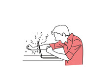 Drawing Of Angry Businessman Throws A Punch Into Computer, Screaming. Negative Human Emotions Concept. Single Line Art Style