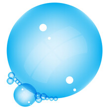 Vector Illustration Of Blue Transparent Sponge Or Soap Bubble. Large Blue Transparent Ball Fills The Area, Beautiful Clear Blue Bubbles. For All Types Of Work. 
