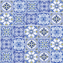 Hand Drawn Watercolor Seamless Pattern With Blue White Azulejo Portuguese Ceramic Traditional Tiles. Ethnic Portugal Geomentric Indigo Repeated Wall Floor Ornament. Arabic Ornamental Background.