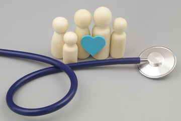  Family doctor concept. Family people figures with blue heart and stethoscope on gray background. 